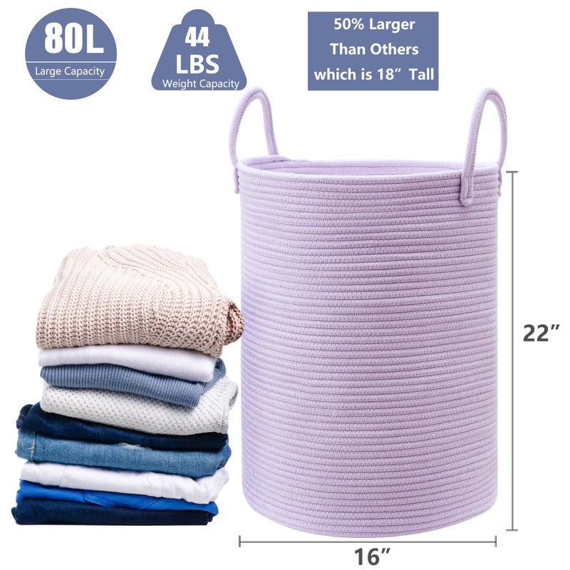 MOJOSCEND 80L Extra Large Purple Hamper Laundry Basket for Nursery Kids16Dx22H inches Tall Lavender Blanket Basket for Girls Cotton Rope Lilac Clothes Hamper in Bedroom - Image 3
