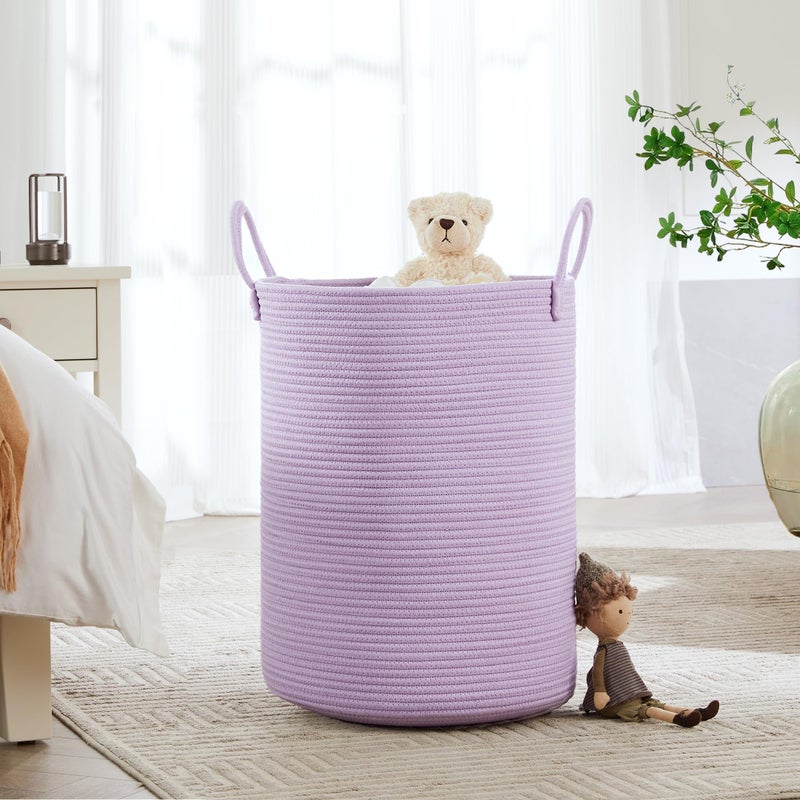 MOJOSCEND 80L Extra Large Purple Hamper Laundry Basket for Nursery Kids16Dx22H inches Tall Lavender Blanket Basket for Girls Cotton Rope Lilac Clothes Hamper in Bedroom - Image 4