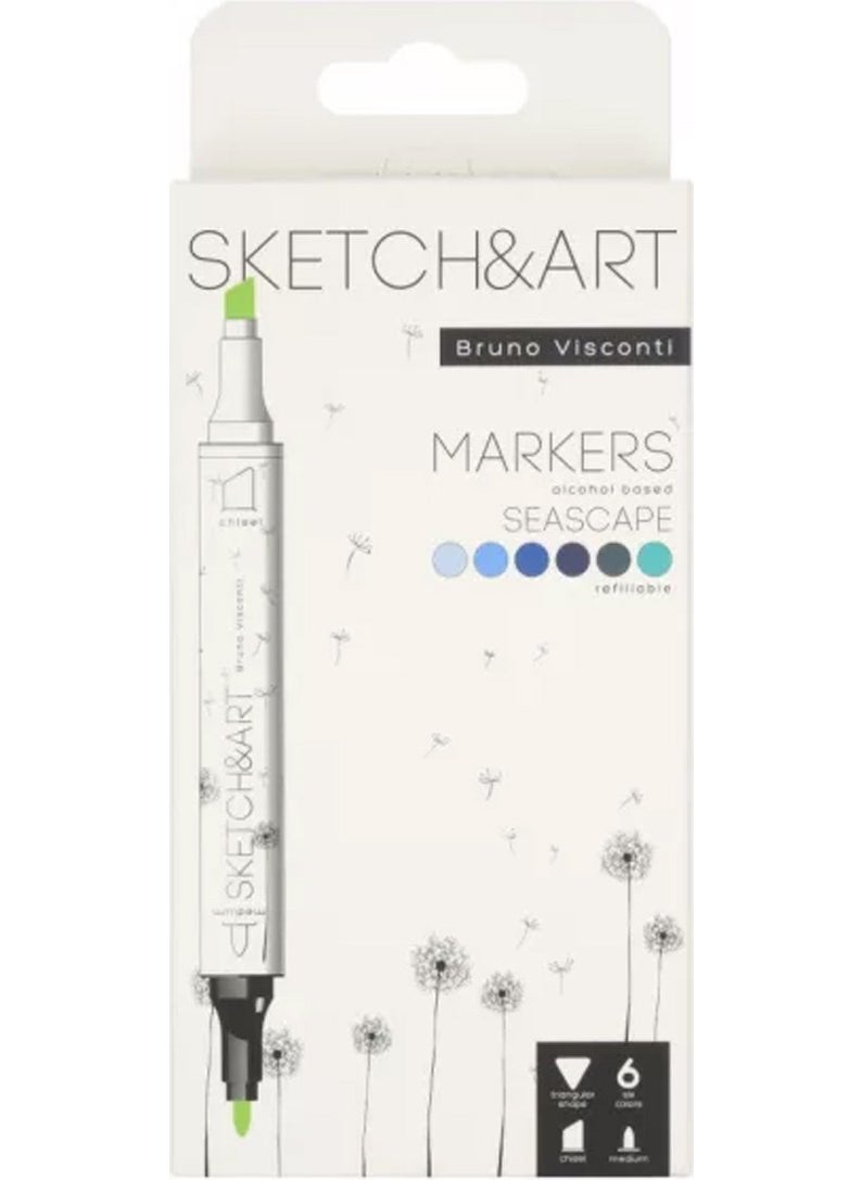 Bruno Visconti 'Sketch Art' Double Sided Markers 6 Colors Seascape  - Image 1