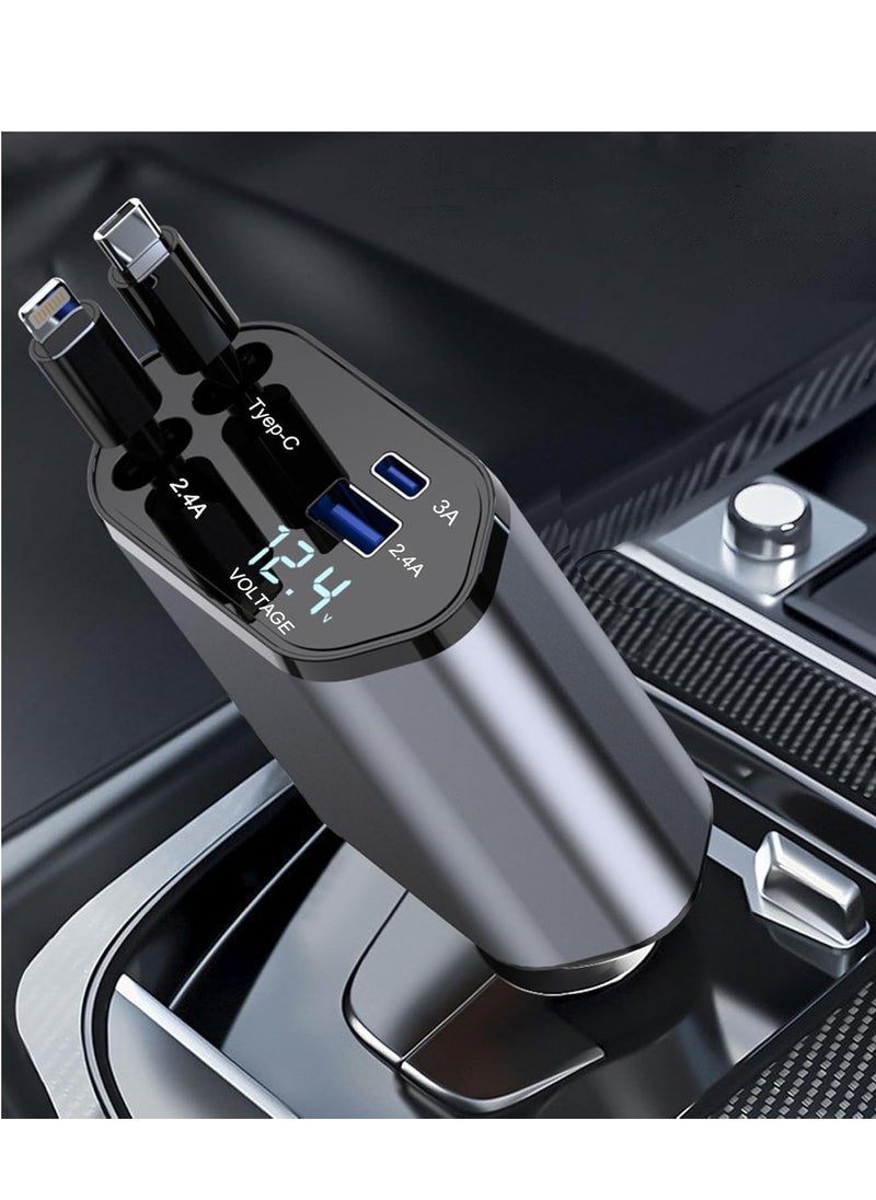 Najwa Retractable Car Charger, 4 in 1 Fast Car Phone Charger 100W with Cord 2.6ft, Retractable Cable and 2 USB Ports Car Charger Adapter for iPhone 15 14 13 12 Pro Max  - Image 1