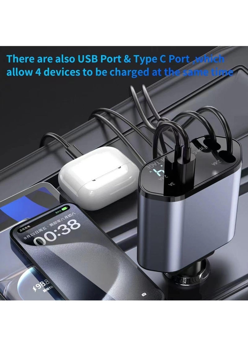 Najwa Retractable Car Charger, 4 in 1 Fast Car Phone Charger 100W with Cord 2.6ft, Retractable Cable and 2 USB Ports Car Charger Adapter for iPhone 15 14 13 12 Pro Max  - Image 2
