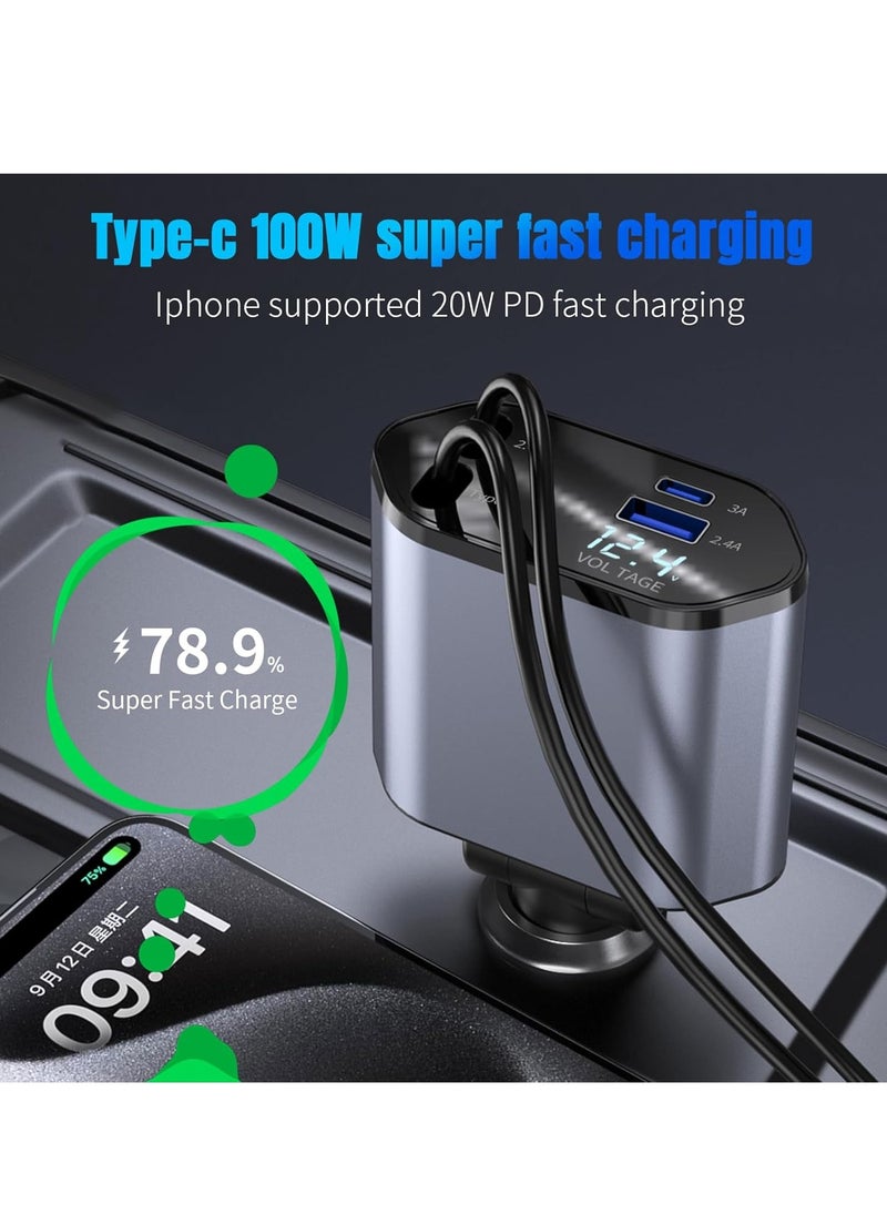 Najwa Retractable Car Charger, 4 in 1 Fast Car Phone Charger 100W with Cord 2.6ft, Retractable Cable and 2 USB Ports Car Charger Adapter for iPhone 15 14 13 12 Pro Max  - Image 3