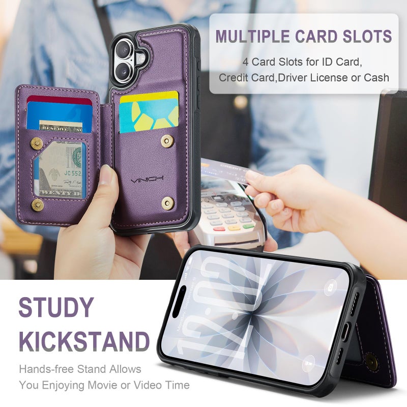 Vinich for iPhone 16 Plus Wallet Case with Card Holder, RFID Blocking Credit Slots Kickstand Shockproof Phone Cover Fit for iPhone 16 Plus 6.7" Purple - Image 4