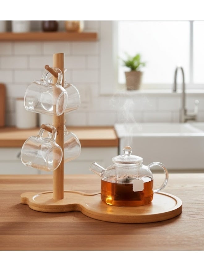 هابي هوم حامل أكواب من الخيزران على شكل كامنجا – رف تجفيف أكواب أنيق مع قاعدة مستقرة و4 خطافات لتعليق الأكواب أو الكؤوس الزجاجية – تصميم ديكور عصري للمطبخ أو المكتب - Image 1