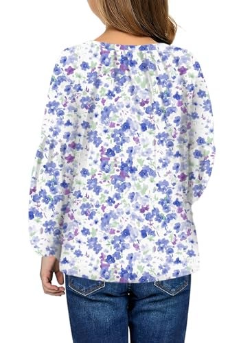 blibean Girl Floral Blouses Fall Chiffon Boho Flower Print Tops Kid Fit Flowy Bell Long Sleeve Shirts Spring Dress Bohemian Clothes Size 4-5 Years Old Blue - Image 2