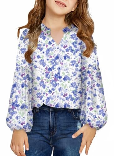 blibean Girl Floral Blouses Fall Chiffon Boho Flower Print Tops Kid Fit Flowy Bell Long Sleeve Shirts Spring Dress Bohemian Clothes Size 4-5 Years Old Blue - Image 1