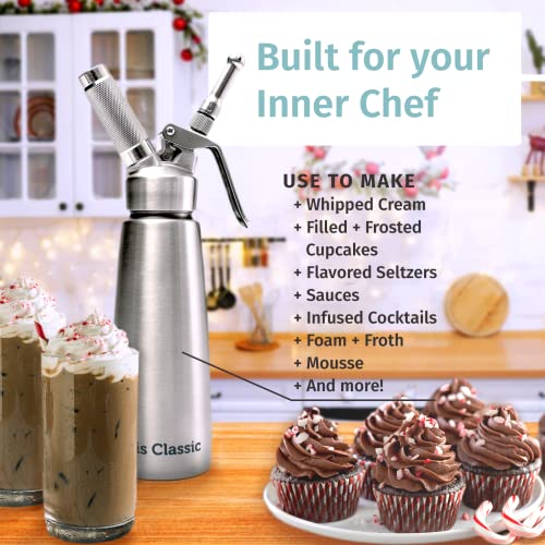 Otis Classic 304 Stainless Steel Whipped Cream Dispenser, 500ml w/ 3 Decorating Nozzles - Commercial Grade Quality Made of Food Grade Stainless Steel - Easy to Use and Clean Ideal for Desserts for Home Chef - Image 2
