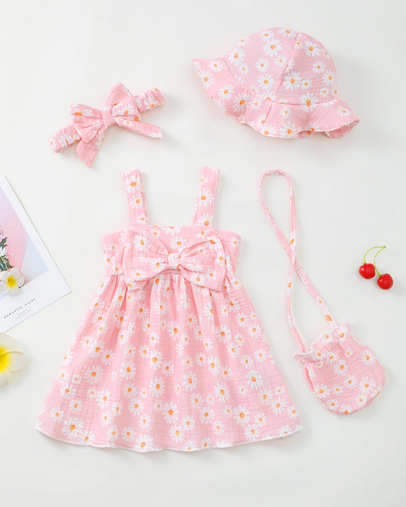 SODLON Toddler 3t Girls Clothes 2t Dress Big Bow Pink Daisy Sleeveless Sun Dress Summer Little Girl Flower Dresses 2-3t with Headband Floral Cute Causal Beach 2 Year Old Girl Outfits - Image 4