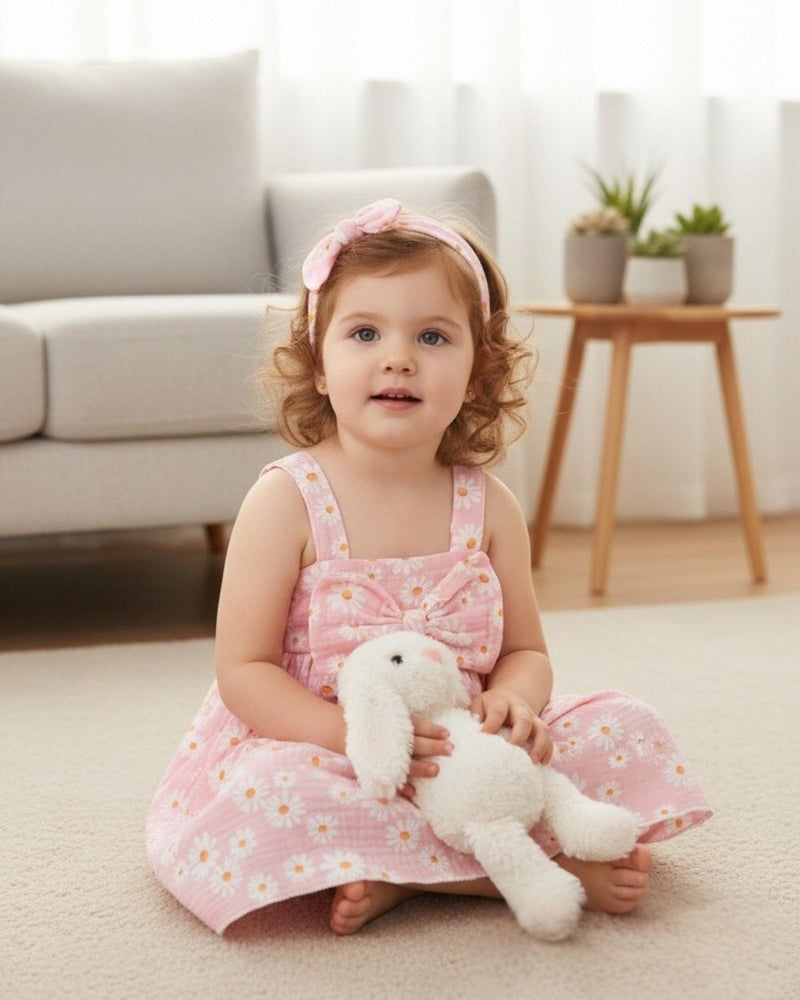 SODLON Toddler 3t Girls Clothes 2t Dress Big Bow Pink Daisy Sleeveless Sun Dress Summer Little Girl Flower Dresses 2-3t with Headband Floral Cute Causal Beach 2 Year Old Girl Outfits - Image 3