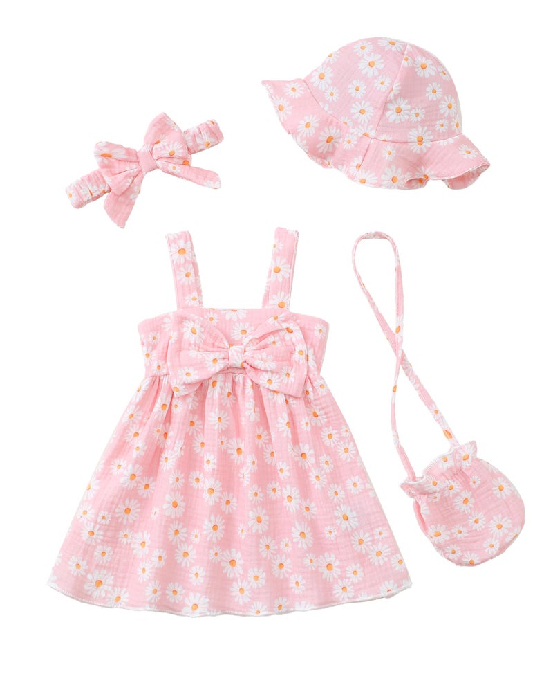 SODLON Toddler 3t Girls Clothes 2t Dress Big Bow Pink Daisy Sleeveless Sun Dress Summer Little Girl Flower Dresses 2-3t with Headband Floral Cute Causal Beach 2 Year Old Girl Outfits - Image 1