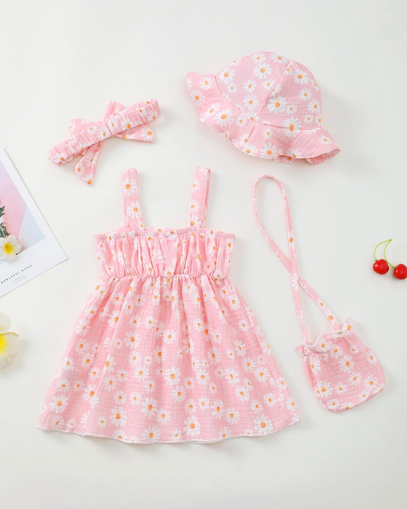SODLON Toddler 3t Girls Clothes 2t Dress Big Bow Pink Daisy Sleeveless Sun Dress Summer Little Girl Flower Dresses 2-3t with Headband Floral Cute Causal Beach 2 Year Old Girl Outfits - Image 5