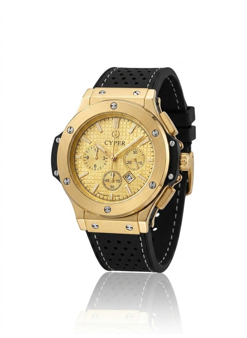Cyber Men’s Luxury Sports Chronograph – Brushed Gold Bezel, Waffle-Texture Gold Dial, and Perforated Sport Silicone Strap