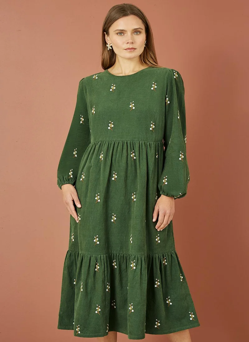 Yumi Green Long Sleeve Midi Dress With Floral Embroidery