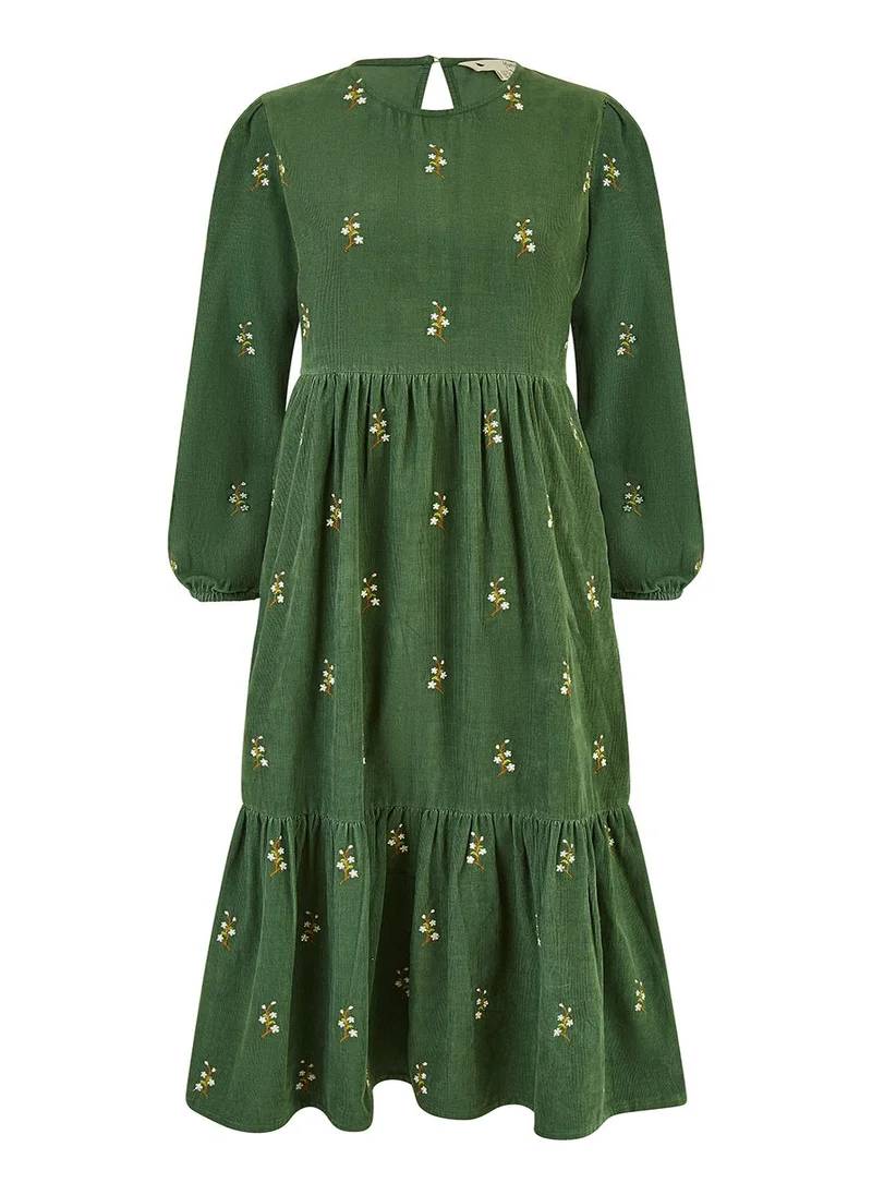Yumi Green Long Sleeve Midi Dress With Floral Embroidery