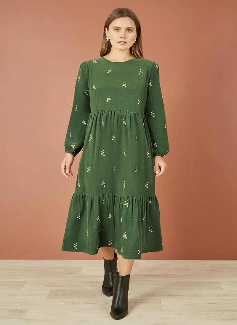 Yumi Green Long Sleeve Midi Dress With Floral Embroidery