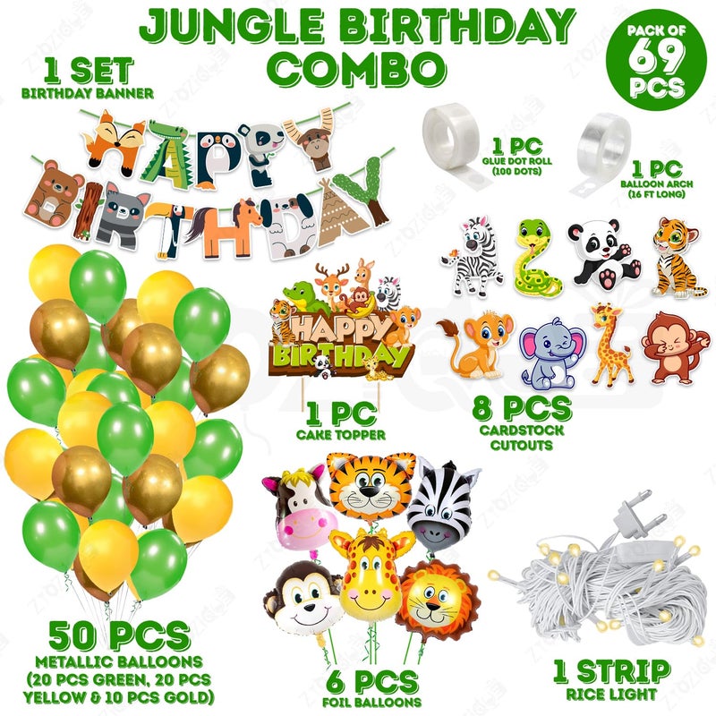 Zyozique® Jungle Safari Birthday Decorations Combo | Animal Theme Birthday Party Decorations - Safari Birthday Decorations Paper Banner, Balloons, Foil Balloons (Pack Of 69) - Image 2