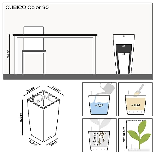 Lechuza 13138 Cubico Color 30 Self-Watering Planter for Indoor and Outdoor Use, 12" x 12" x 22", Slate - Image 3