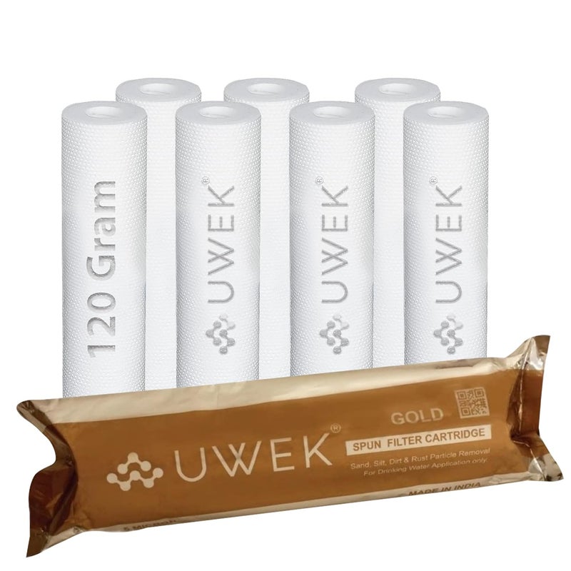 UWEK Gold High Density Pre Filter Cartridge for Water Purifier, PP Spun Filter Candle 10 inch 5 Micron 120 gm, Outer Sediment Filter Suitable for RO External Housing (Pack of 8) - Image 1