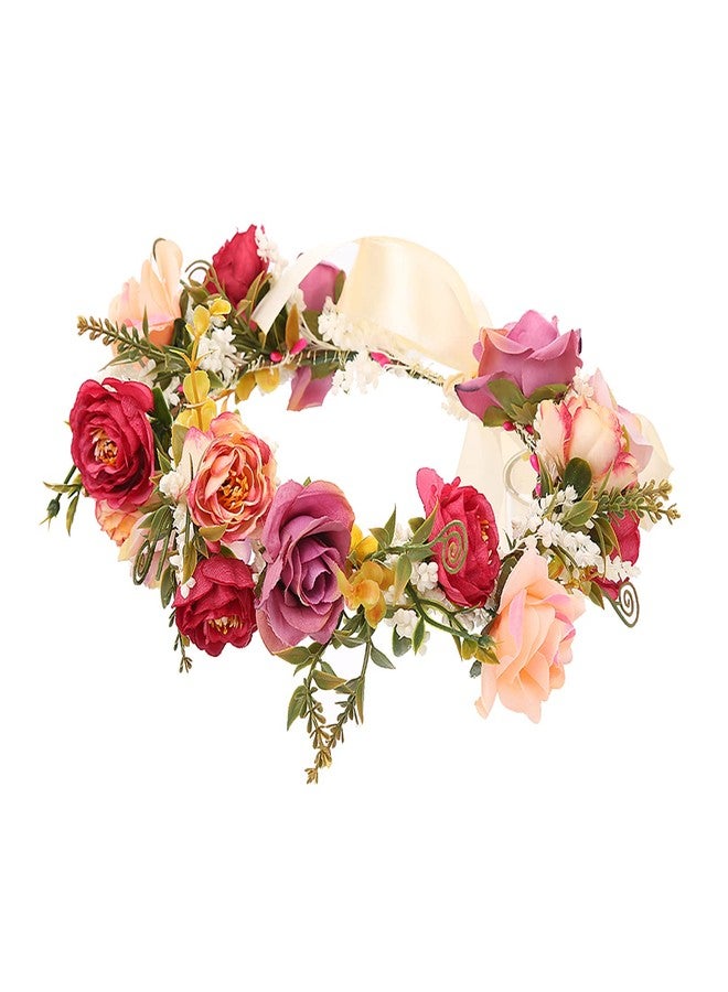 LLinfflr Rose Flower Crown Bridal Floral Headband Hair Wreath Flower Headpiece Halo Boho with Ribbon Wedding Party Festival Photos - Image 1