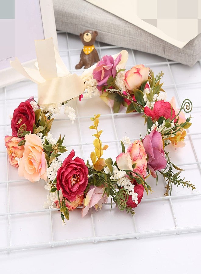 LLinfflr Rose Flower Crown Bridal Floral Headband Hair Wreath Flower Headpiece Halo Boho with Ribbon Wedding Party Festival Photos - Image 4