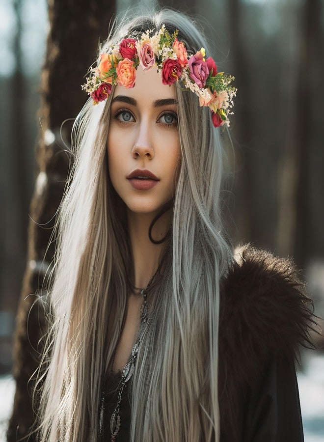LLinfflr Rose Flower Crown Bridal Floral Headband Hair Wreath Flower Headpiece Halo Boho with Ribbon Wedding Party Festival Photos - Image 5