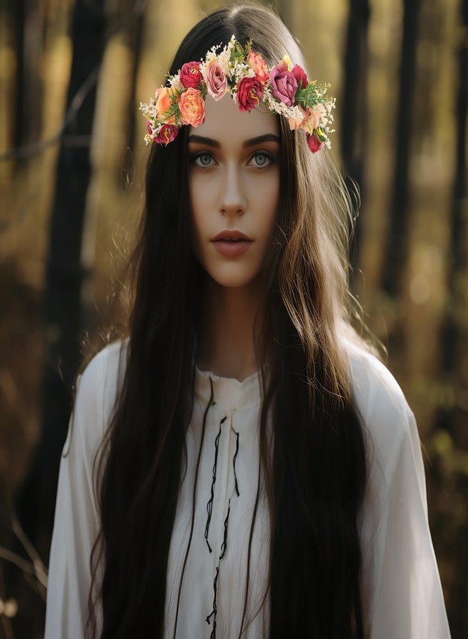 LLinfflr Rose Flower Crown Bridal Floral Headband Hair Wreath Flower Headpiece Halo Boho with Ribbon Wedding Party Festival Photos - Image 3