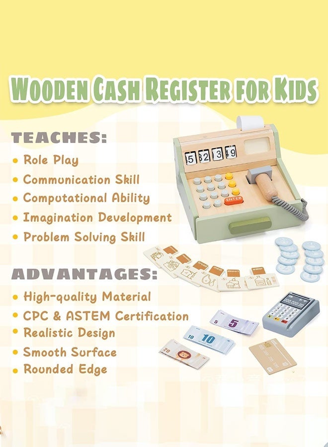 Wooden Cash Register for Kids with Scanner Accessories and Game Money, Role Play Store, Gift for Kids 3+ - Image 4
