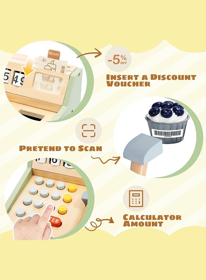 Wooden Cash Register for Kids with Scanner Accessories and Game Money, Role Play Store, Gift for Kids 3+ - Image 5