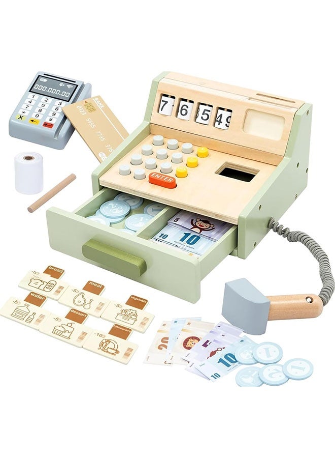 Wooden Cash Register for Kids with Scanner Accessories and Game Money, Role Play Store, Gift for Kids 3+ - Image 1