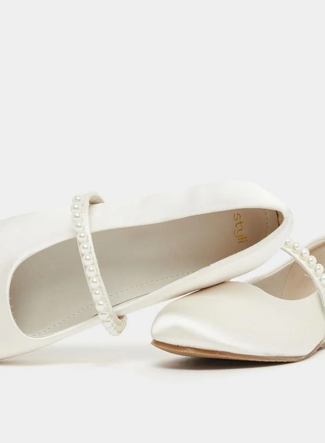 Styli Faux Pearl Embellished Strap Ballerina Shoes