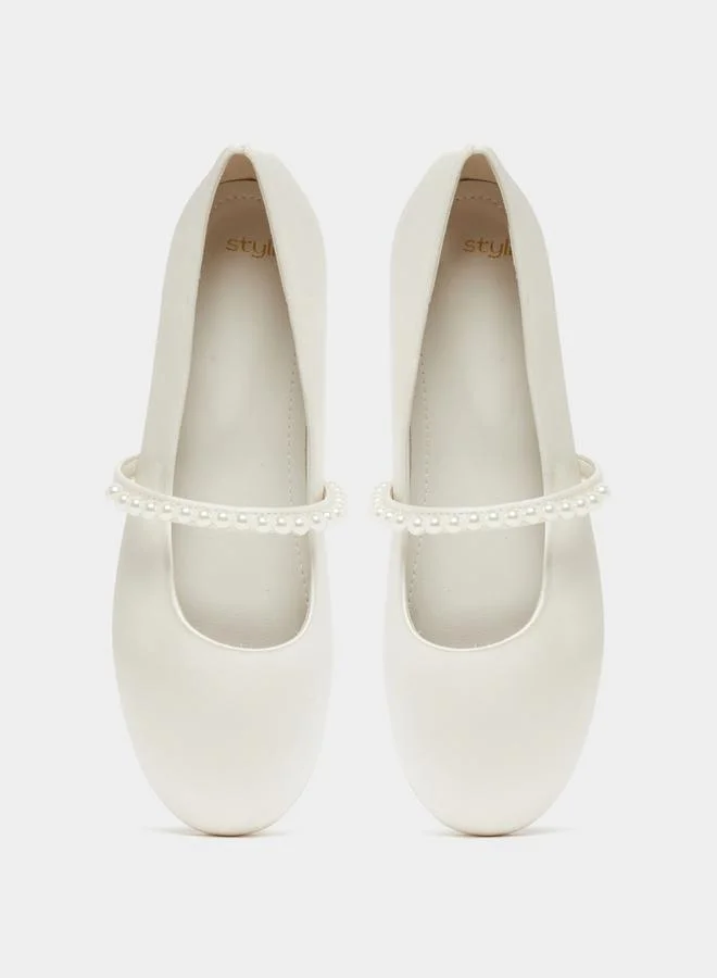 Styli Faux Pearl Embellished Strap Ballerina Shoes