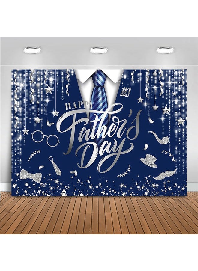 Mocsicka Happy Father's Day Bakcdrop Best Dad Happy Dads Day Theme Party Decoration Gold and Black Father's Day Family Events Party Banner (Navy Silver, 7x5ft(82x60 inch))  - Image 1