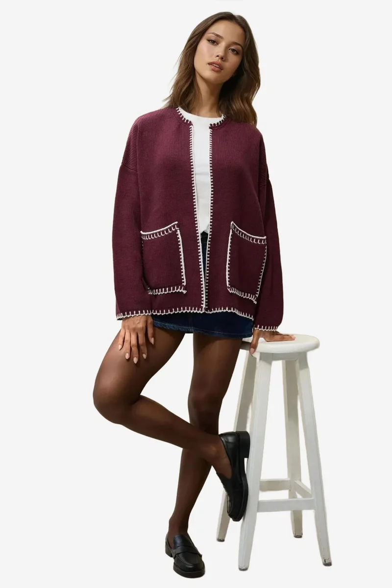 Hiccup Mocha Brown Stitch Detailed Long Knit Cardigan for Women | Best Price UAE