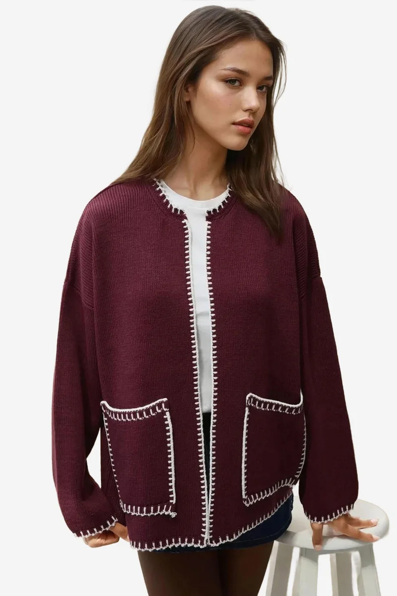 Hiccup Mocha Brown Stitch Detailed Long Knit Cardigan for Women | Best Price UAE