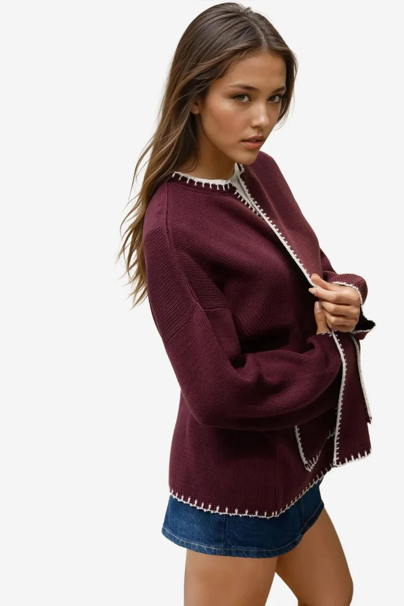 Hiccup Mocha Brown Stitch Detailed Long Knit Cardigan for Women | Best Price UAE
