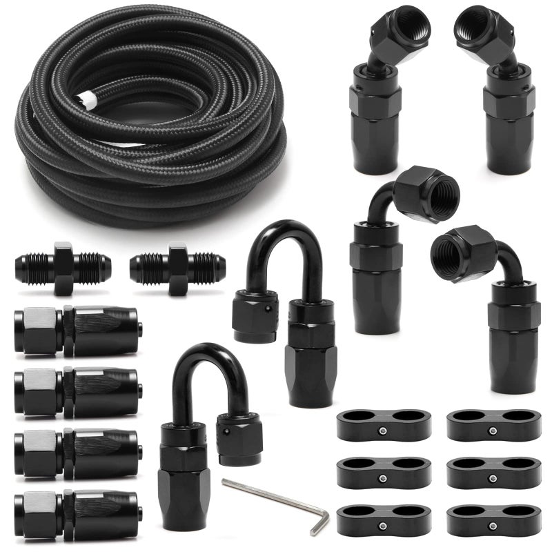 4AN Fuel Line Kit 10FT Nylon Stainless Steel Braided Fuel Hose 10pcs Hose Fitting Kit 6pcs Separator Clamp 2pcs Coupler Adapter