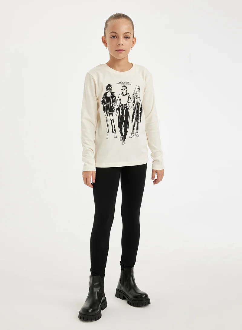 DeFacto Relax Fit Crew Neck Printed Long Sleeve T-Shirt