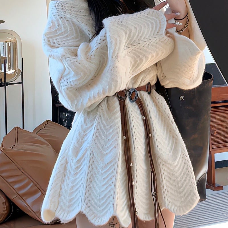 Korean Style Irregular Lace Hollow Knitted Top Womens Autumn Gentle Style Casual Sweet Shoulder Loose Pullover Sweater creamy-white [send belt]]