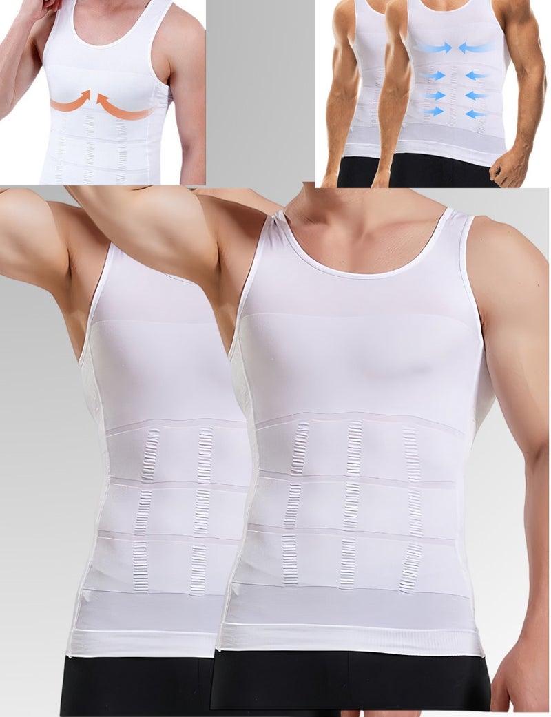 أفضل ذروة صدرية تنحيف الجسم للرجال - قطعتان، صدرية تنحيف البطن والصدر ضيقة باللون الأبيض، ضغط الصدر للرجال، صدرية تنحيف الجسم بدون أكمام لتصحيح الوضعية، تحكم في البطن وتنحيف الخصر مع قمم شبكية ضاغطة للرجال - Image 1