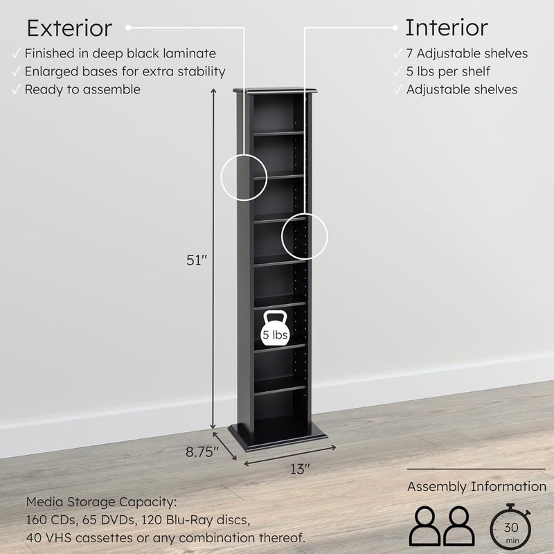 Prepac Narrow Cabinet Media, Slim Multimedia Storage Tower, Black - Image 3