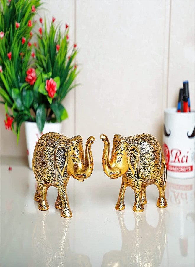 SOLINO Metal Elephant Trunk Up Showpiece Decorative Items Figurine for Home Decoration Gold Plated Statue Home/Office Table Living Room Decor.Pack of 2 pcs Set - Image 1