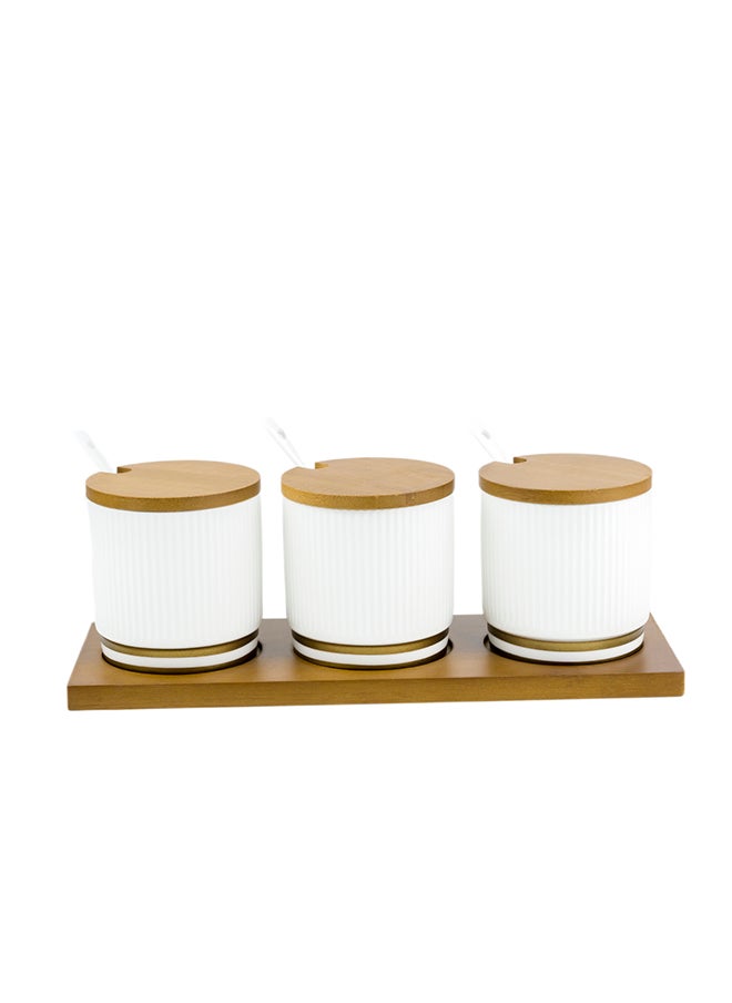 Shallow Shallow Porcelain New Bone China Verde 3-Compartment Condiment Set with Bamboo Tray - Elegant Tabletop Delight  - Image 1