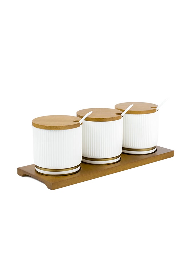 Shallow Shallow Porcelain New Bone China Verde 3-Compartment Condiment Set with Bamboo Tray - Elegant Tabletop Delight  - Image 2