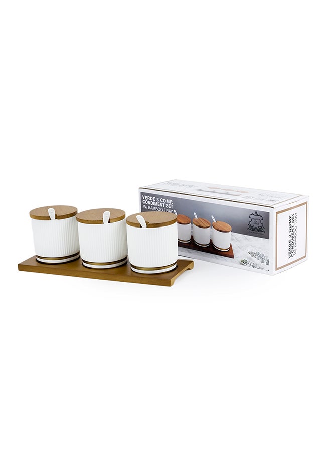 Shallow Shallow Porcelain New Bone China Verde 3-Compartment Condiment Set with Bamboo Tray - Elegant Tabletop Delight  - Image 3