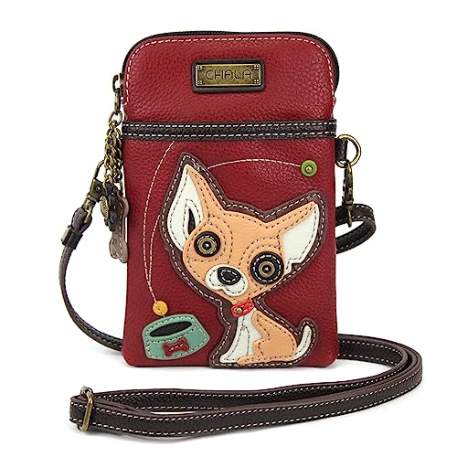 CHALA Dog Collection Cell Phone Crossbody Purse-Women PU Leather/Canvas Multicolor Handbag with Adjustable Strap - Chihuahua - burgundy - Image 1
