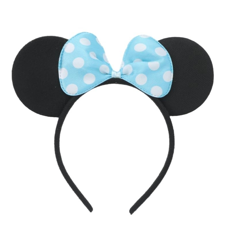 winvin Set of 24 Mouse Costume Deluxe Fabric Ears Headband White Polka Dots Bow Boys Girls Birthday Party Hairs Accessories Baby Shower Headwear Halloween Party Favors Decorations (Blue) - Image 2
