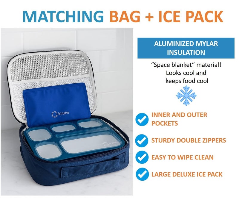 Kinsho Bento Lunch Box with Insulated Bag and Ice Pack Set. 6 Divided Compartments, Containers for School, Work Daycare Lunches Snacks, Kids and Adults BPA Free, Easy to Carry, Durable Kits, Navy Blue - Image 4
