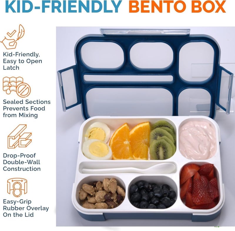 Kinsho Bento Lunch Box with Insulated Bag and Ice Pack Set. 6 Divided Compartments, Containers for School, Work Daycare Lunches Snacks, Kids and Adults BPA Free, Easy to Carry, Durable Kits, Navy Blue - Image 3