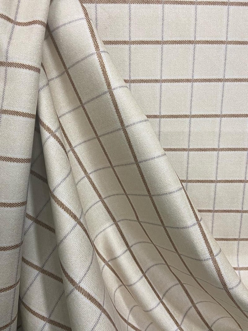 Decora Furnishings Tattersall Plaid Design Velvet Finish Digitally Printed Soft and Rich Furnishing Fabric for Sofa Cushions Chair Craft Width 54 inches Running Metre Cream with Brown - Image 3