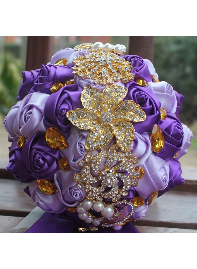 USIX Handcraft Crystal Satin Rose Brooch Bridal Holding Wedding Bouquet Brooch Bouquet, Lace Decorated Bouquet, Wedding Flower Arrangements Bridesmaid Bouquet - Image 1